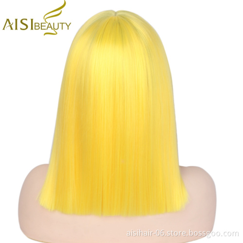 Aisi Beauty Hot Selling Supplier Shoulder Length Silky Straight Middle Part Yellow Synthetic Hair For Black Women Lace Front Wig